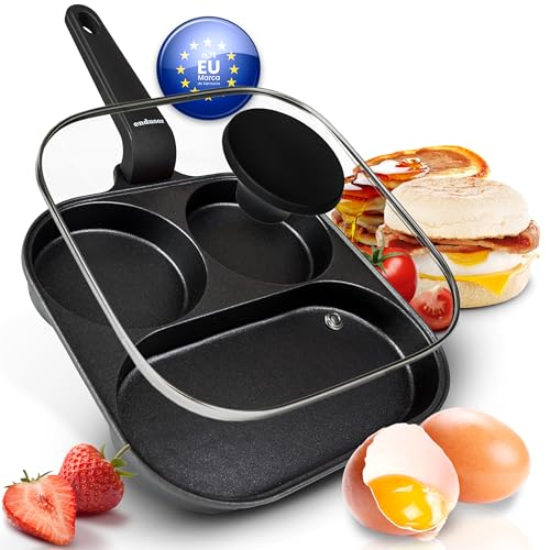 endusor Sartén para huevos fritos y tocino | Sarten con tapa de 21 cm con 3 hoyos y protección antiadherente | Todo tipo de cocinas e inducción | Sartén divida para Huevo Tortitas Bacon Verduras