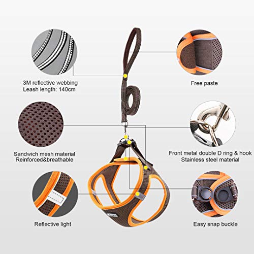 Suredoo Hundegeschirr mit Leine Anti Zug Geschirr Reflektierend Brustgeschirr für Kleine Hunde, Haustiere, Welpen, Katzen (Braun Orange, XS)