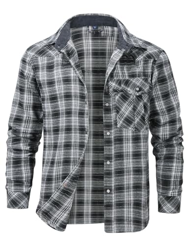 Flygo Men's Flannel Shirts Pearl Snap Long Sleeve Checkered Western Cowboy Brushed Plaid Regular Fit Shirt