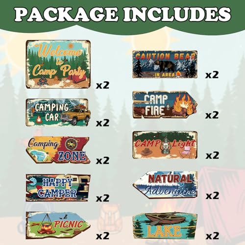 Image of Hooqict 20 Pieces Camping Party Decorations Camping Themed Party Directional Signs for Summer Camp Day Classroom Welcome to Camp Birthday Decor Picnic Yard Sign