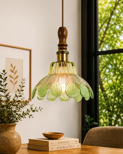 Image of Homesake Botanica Pendant Lamp | Petal Scalloped Glass Hanging Light with Solid Wood Top | Vintage European Ceiling Fixture, Pendant Light for Home Decor, Hallway, Foyer & Balcony, (Petal, Green)