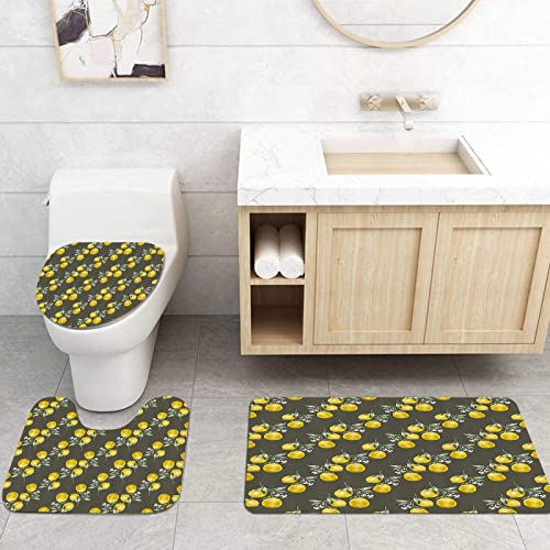 IUBBKI Juego de 3 alfombrillas de baño antideslizantes, diseño floral, ramas de limón con pétalos de crecimiento, esencia de crecimiento, temática de naturaleza, estampado artístico, gris carbón y