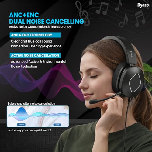 Image of Dyazo Wired Headset with Microphone | Active & Environmental Noise Cancellation | 3-in-1 USB, Type-C & 3.5mm Connectivity | in-Line Controls | On-Ear Headphones for PC, Mobile Phone & Laptop (Black)
