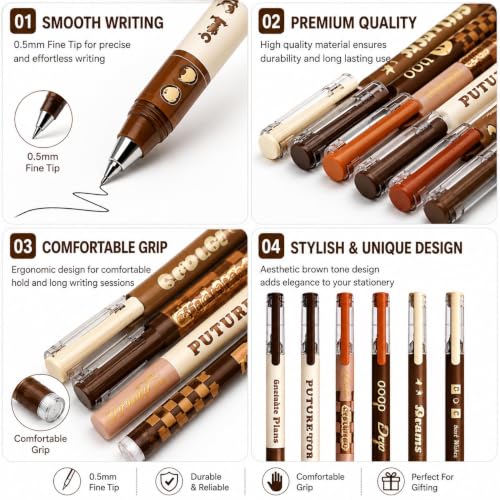 Image of Alokik Luxury Gel Pens and Highlighter 5pcs black Color pen + 1 pcs highlighter Coordinated Design, Signature Pen Set, Writing School Supplies (Maillard Gel Pen Set Of 6)