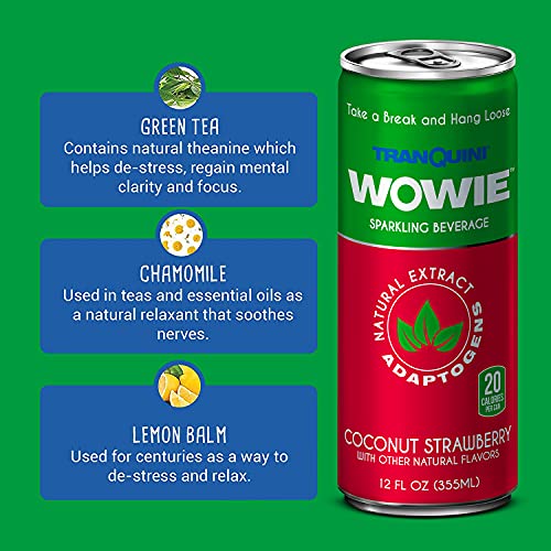 Wowie by Tranquini Hemp-Infused Beverage, Herbal Adaptogens for Stress Relief, All-Natural Relaxation Drink, Coconut Strawberry Flavour, 355 ML Sleek Can (12-Pack) - Image 5