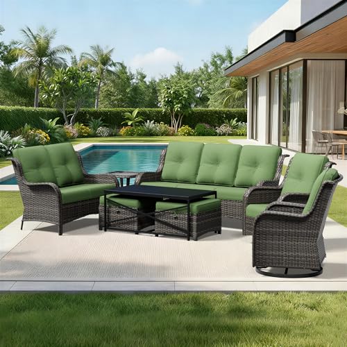 Image of Joyside 8 Piece Wicker Patio Furniture Set, Outdoor Swivel Rocker Patio Chairs with High Back, Deep Seating, Wide Armrest, Thickened Cushions, Outdoor Furniture for Deck, Porch Use