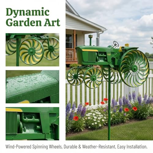 Garden Wind Spinner, Green Tractor Windmill Stake with Rotating Wheels for Patio Yard Garden, Unique Outdoor Sculptures Ornament Gift for Friends Family (Tractor)