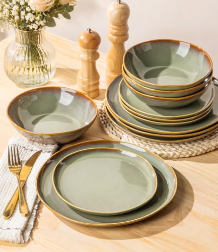 Image of Ceramic Dinnerware Set for 4, 12-Piece Plates and Bowls Set | Handmade Reactive Glaze Dish Set, Scratch Resistant, Oven & Microwave & Dishwasher Safe, Sage Umber