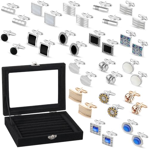 18 Pairs Cuff Links with Display Jewelry Case Men's Tuxedo Cuff Links Classic with Jewelry Gift Box Holder Box for Tuxedo Studs Shirt Wedding Party Business Gift
