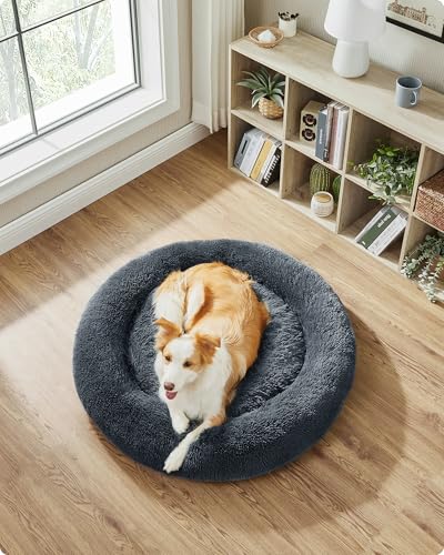 Feandrea Hundebett flauschig, Katzenbett, Donut Kissen, waschbar, Polsterung in der Mitte herausnehmbar, Langer Plüsch, 100 cm Durchmesser, dunkelgrau PGW042G02