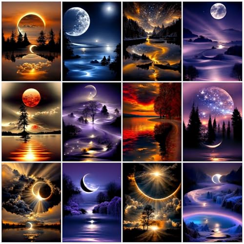 12 Pack Diamond Painting Kits for Adults Moon Landscape 5D Diamond Art for Adult Beginners Bulk DIY Full Drill Round Gem Paintings Dot Art Sets Home Wall Decor 9.8x13.8 Inch