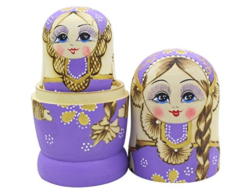 Set von 7 Zopf Mädchen Stapeln Spielzeug Russischen Puppe Handgefertigt Spielzeug aus Holz für Kinder Kinderzimmer Decor (Lila)