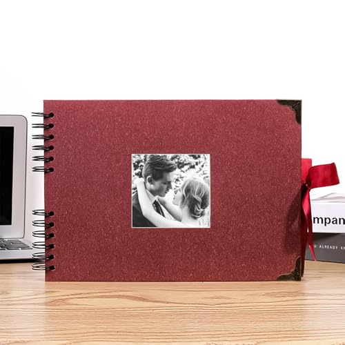 Álbum de Fotos Vintage com Espiral, Capa Preta com Detalhes Dourados, 32x22cm, para Casamento, Aniversário e Memórias (Vermelho)