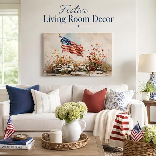 Image of 4th of July Framed Canvas Wall Art 12x18in, Vintage Patriotic Prints Pictures, Farmhouse Decor Artwork for Living Room Bedroom Office Bathroom, Made in USA