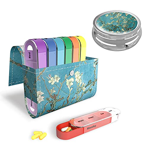 Pill Organizer Pill Box,LIZIMANDU Weekly Travel Pill Case Box Medication Reminder Daily AM PM,Day Night 7 Compartments,for 4 Times A Day,7 Days a Week-Includes Leather Carrying Case(Peach Blossom Set)