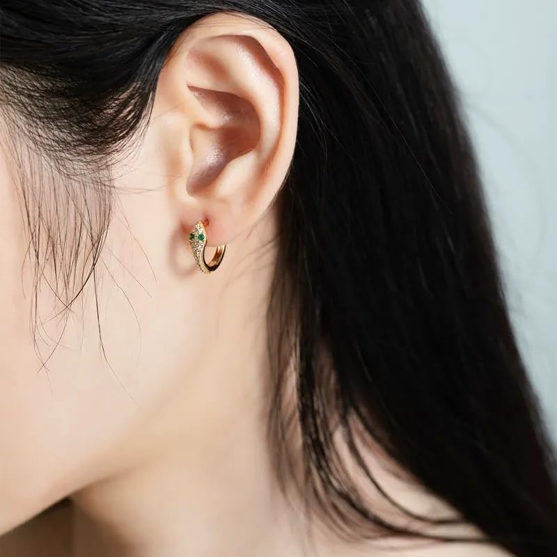 Pendientes de aro de serpiente para mujer con circonita verde, diseño de serpiente inspirado en el zodiaco, plata de ley S925, joyería de aro de circonita colorida para uso diario o de fiesta