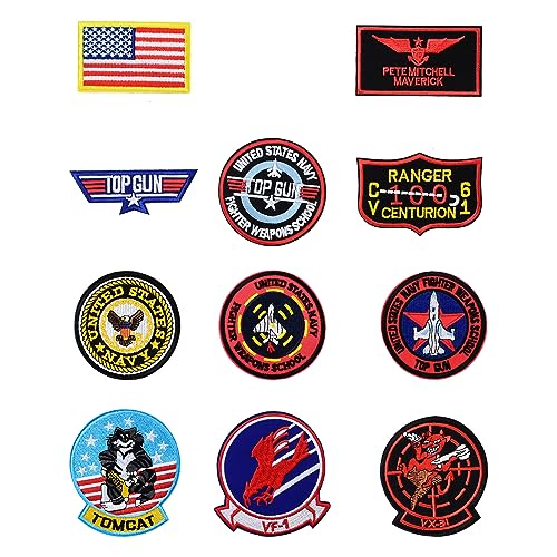 11Pcs écussons Top Gun Air Force Navy Army Patch Thermocollant Écusson Brodé à Repasser...