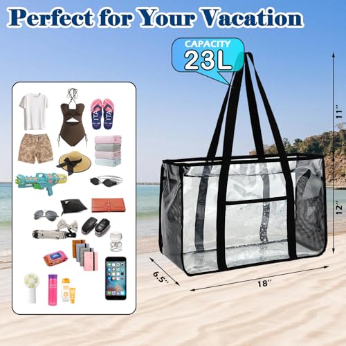 Image of Fammart Clear Beach Bag for Women, Large Pool Tote Cruise Vacation Essentials - Zipper Closure, Waterproof, Sandproof