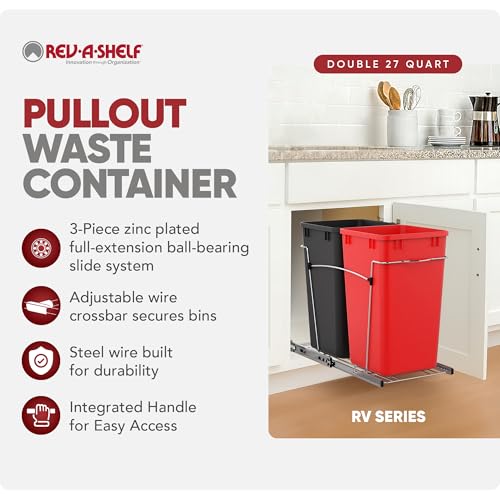 Image of Rev-A-Shelf Double Pullout Garbage Trash Cans for Kitchen Cabinets, 27 Qt