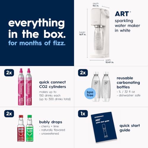 Image of SodaStream ART Sparkling Water Maker, Value Bundle, Soda Maker, Includes 2 Quick Connect 60L CO2 Cylinders, 2 Dishwasher Safe BPA Free Bottles, 2 bubly Flavor Drops, Make your own Pepsi, White