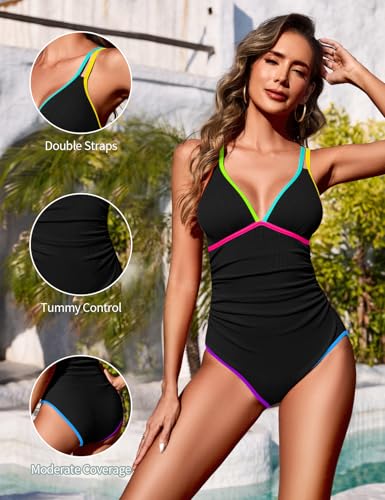 Zilcremo Women One Piece Swimsuit Tummy Control Slimming Bathing Suits Double Straps Color Block Swim Suit Swimwear4