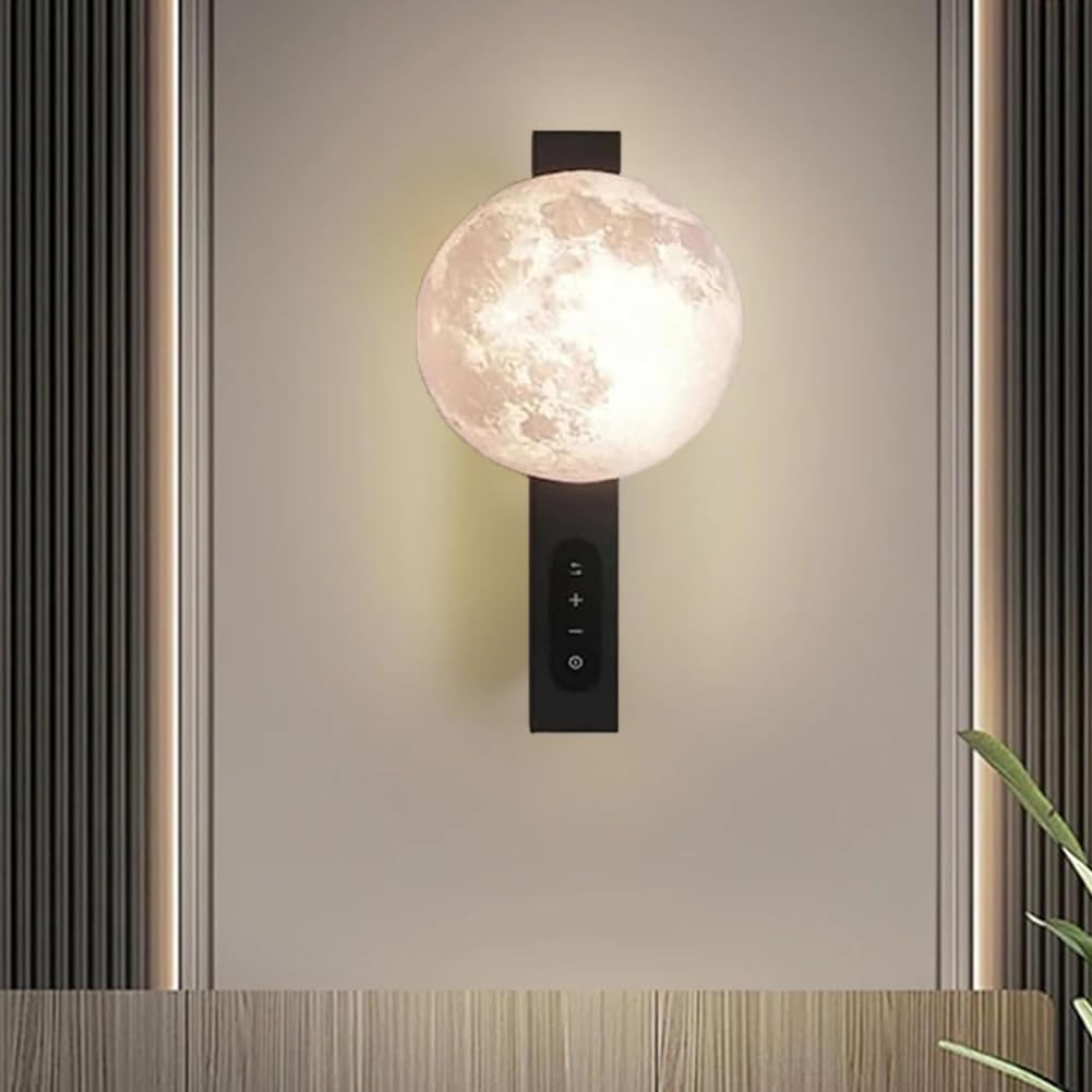 LOGT LED Moon Wall Lamp, Dimmable Spherical Moon Light, 3 Colour Modes (3000K/4000K/6000K), Wall Light with Switch and Touch Control, Black, Indoor Wall Lighting for Living Rooms Bedrooms