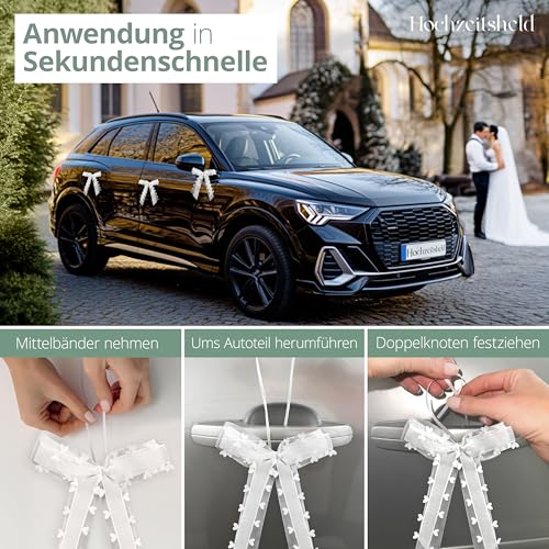 HOCHZEITSHELD Autoschleifen Hochzeit Weiß (50 Stück) – Eleganter Autoschmuck Hochzeit für Brautauto - Hochzeitsdeko Auto für Spiegel, Türgriff & Antenne - Deko Hochzeit für Tisch, Kirche & Standesamt