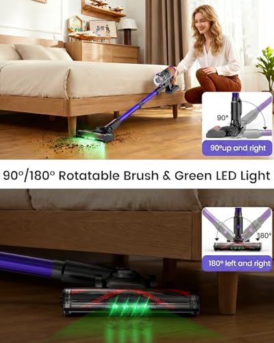 Image of Cordless Vacuum Cleaner,500W 40KPa 120Mins Runtime with 2 Batteries,Anti-Tangle Stick Vacuum with Green Light,Rechargeable Wireless Vacuum for Pet Hair /Carpet /Hardwood Floor,Purple