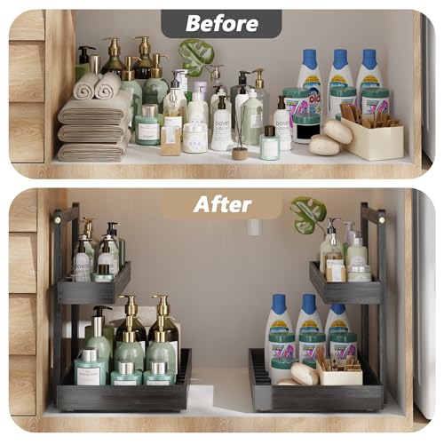 Bamboo Under Sink Organizer and Storage, 2 Tier Pull Out Cabinet Organizer, Slide Out Under Sink Storage Shelf, Undersink Organizers Shelves for Kitchen Bathroom Organization (Black, 1 Pack) - Image 4