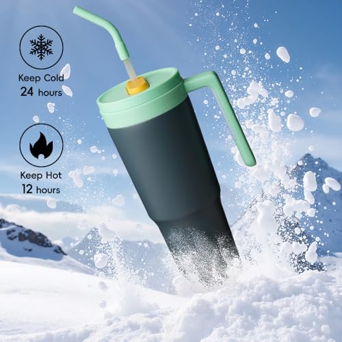 Image of Konokyo 12 Pack 40 Oz Tumblers with Handle and Straw, Bulk Vacuum Insulated Stainless Steel Travel Mugs with Lids for Office, Events and Group Orders Night Gray
