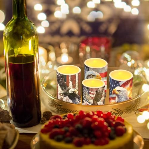 Image of American Flag Eagle Flameless Candles Battery Powered LED Candle with Remote Timer Color Changing Control 4 Pieces Candles for Independence July 4th Day Decor