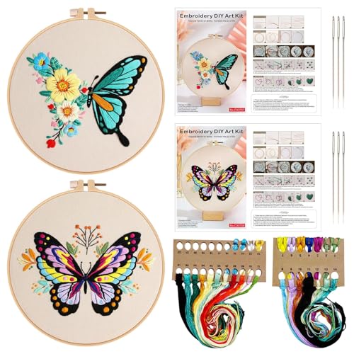DSFSAEG 2 juegos de bordado de mariposa, kit de inicio de bordado con sello de punto de cruz para principiantes, incluye instrucciones, paño de bordado, hilos de aro de bordado y agujas