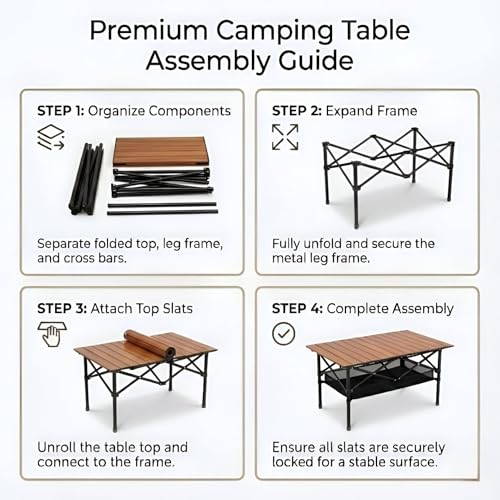 Image of Kraptick Portable Metal Folding Camping Table with Roll-Up Tabletop Lightweight Outdoor Long Table with Carry Bag Compact & Durable Folding Table for Camping, Picnic, Beach & Travel Use (Brown)