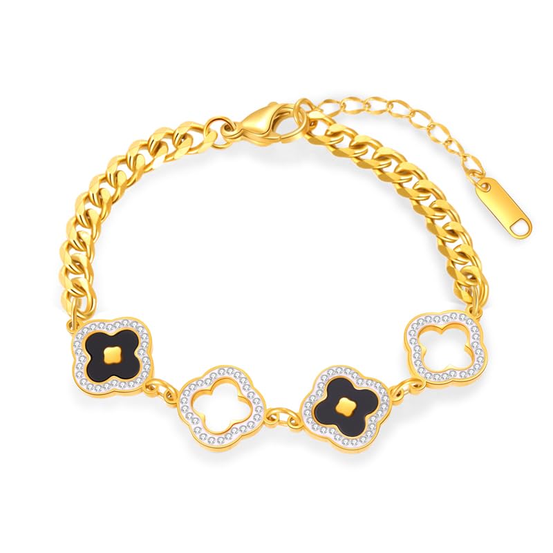 Four Leaf Clover Bracelets for Women, 18K Gold Plated Clover Jewelry Set-Tone with Green Enamel Clover Charms, Crystal Accents, Elegant Gift for Women Packed in a Packaging Box