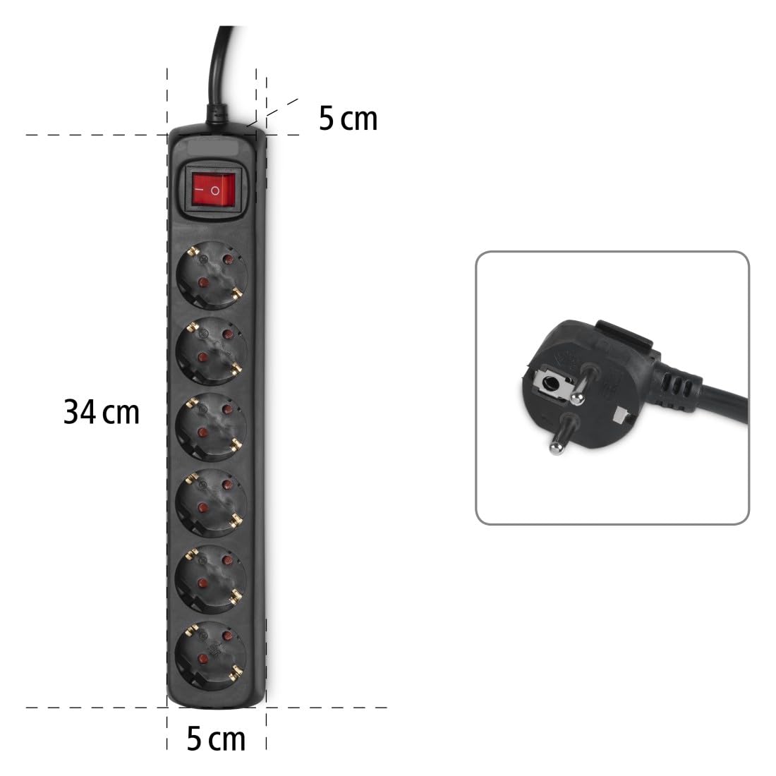 Hama | Regleta Negra de 6 Enchufes con Cable Extra Largo de 5m, Interruptor de Encendido, Base Múltiple con Seguridad Infantil, Tira de Enchufes para Montaje en Pared, 3680W - Negro (Paquete de 2)