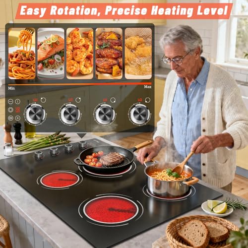 Image of 30 Inch Electric Cooktop (Cut-out Size: 29.13 inchx19.3 inch) 4 Burner - 30 Inch Built-in Ceramic Stove 6700W, 30 inch Electric Burner with Timer, Safety Lock, 240V Hard Wired (Black-Sliver Knob)