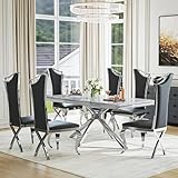 ModaWhly Dining Table Set for 6, Elegant 70 Inch White Marble Kitchen Table with Silver Crossed-Shape Base and 6 Black High Back Chairs, for Living Room, Dining Room, Easy to Clean