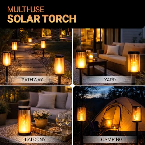Image of Deco Window Glass Solar Lights Outdoor 2 Pack LED Flame Torches with Flickering Flame, Solar Powered Pathway Lights for Patio, Lawn, Porch, Walkway, Driveway, and Garden.