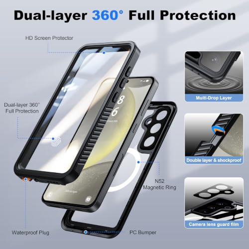 Image of ANTSHARE IP68 Waterproof Case for Samsung Galaxy S24 Plus, Black /Clear | Compatible with MagSafe, Built-in Screen /Lens Protector - Shockproof & Dropproof, Full Body Protection for Swimming /Outdoor