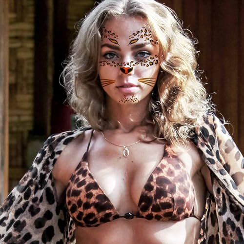 Image of 8 Sheets Gold Glitter Leopard Face Temporary Tattoos Stickers, Glitter Fake Cheetah Face Whisker Tattoos Stickers for Halloween Costume Makeup for Kids Adults Women Men