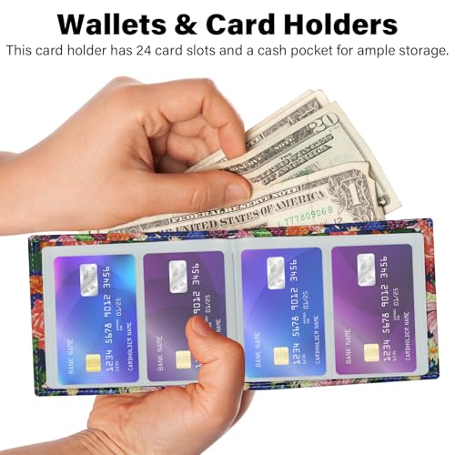 Leather Card Holder Wallet for Women Men,RFID Bifold Wallet with 24 Card Slots and Large Cash Compartment, Multifunctional Stylish Card Holder Organizer, Small Compact Photo Album-Flower Garden4