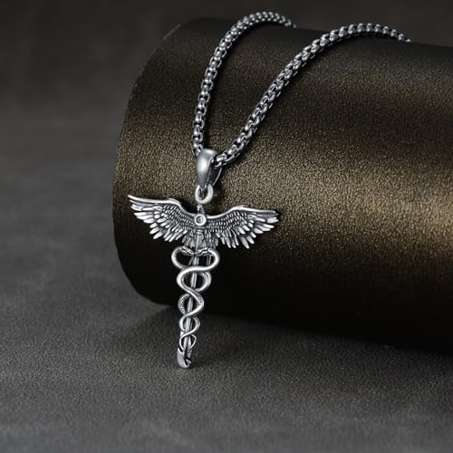 Caduceus Necklace for Men Women 925 Sterling Silver RN Nurse Graduation Gift Phoenix Pendant Doctor Nurse Medicine Themed Jewelry Gifts for Nurses Day Dirthday2
