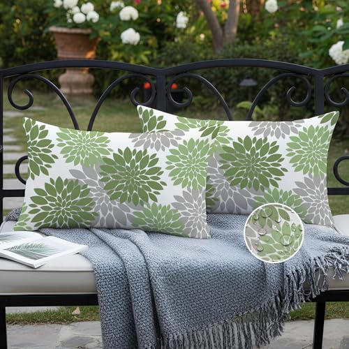 Ardjxue Lot de 2 Coussins D'extérieur Gris Vert 50 x 50cm Housses de Doussin Modernes Double Face Motif Dahlia Taies d'oreiller D'été Coussins Housses...