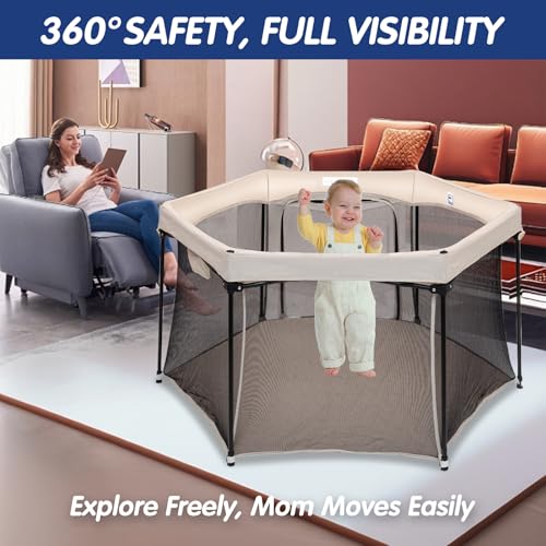 Image of Baby Playpen 53x53 Inch, Indoor /Outdoor Portable Play Yard No Extra pad Required with Breathable Mesh Walls, Enclosed Safe Space for Babies, Quick Foldable Playpen for Home Travel Park (Khaki)