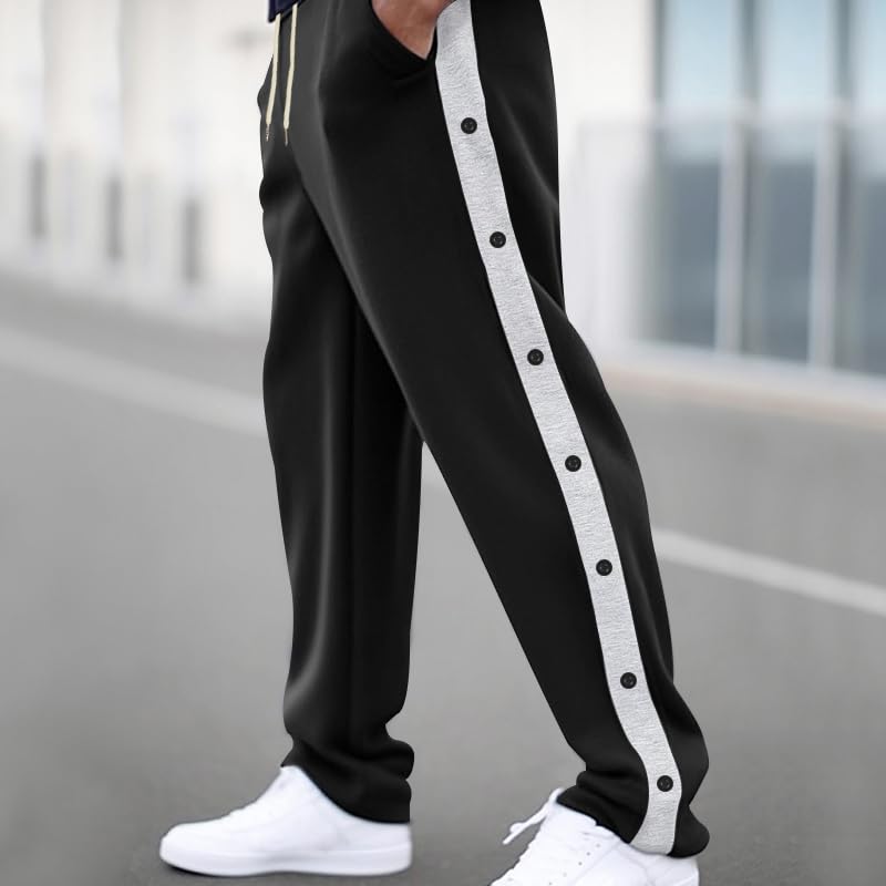 ZOCANIA Mens Casual Pants Side Stripes Button Decor Sweatpants Drawstring Elastic Waist Straight Wide Leg Trousers4