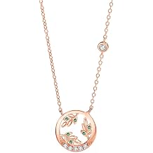 9Kt / 14Kt / 18Kt Rose Gold Necklace Chain for Women, Circle and Leaves with Created Emerald and Moissanite, Eternity Necklace for Women Rose Gold