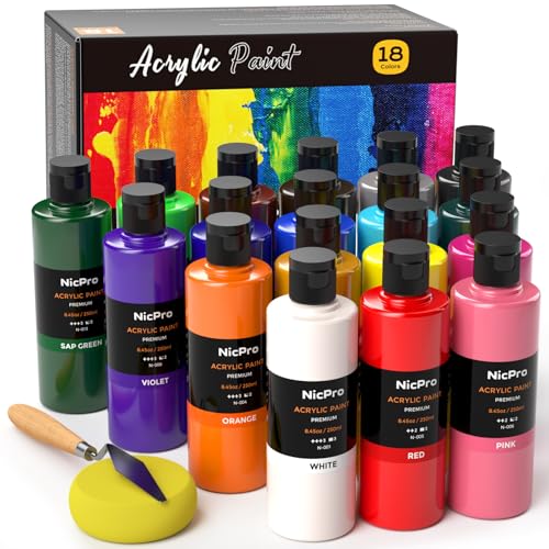 Nicpro 18 Colors Large Acrylic Paint Set, 8.45oz/250 ml Artist Painting Supplies Bulk Non-Toxic For Multi Surface Pumpkin Canvas Wood Fabric Leather Cardboard Paper Crafts Rock Hobby with Color Wheel