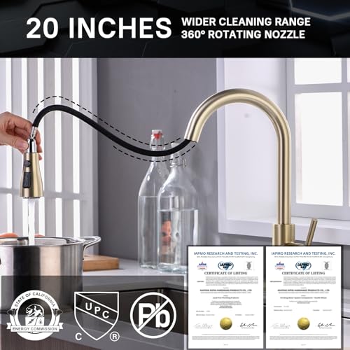 Image of WEWE Gold Kitchen Faucet with Pull Down Sprayer, Single Handle Brushed Gold Kitchen Sink Faucets Stainless Steel Brass Copper Commercial RV 1 or 3 Hole, Champagne Bronze