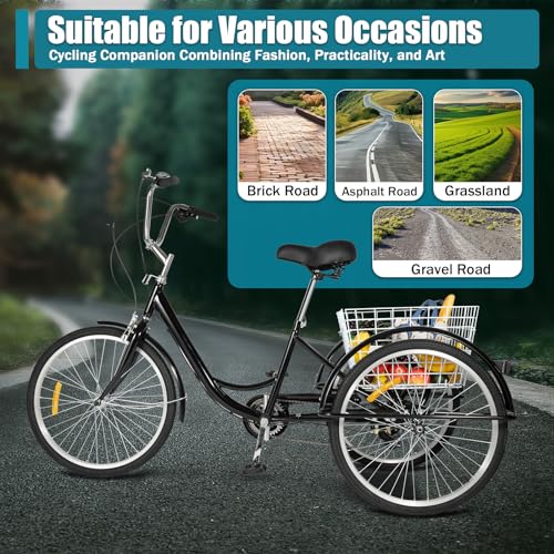 Futchoy 24 Inch Tricycle For Adults 8 Speed -Adult Tricycle Height Adjustable 3 Wheel Cruiser Bicycle Cargo Bike With Basket 110KG Load Trike Bike For Men Women Seniors (Black) - 4