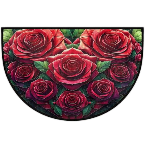 Image of cfpolar Half Round Door Mat Flower Red Rose Non-Slip Semi Circle Area Rug Washable Half Moon Hearth Rugs for Indoor Outdoor Bathroom Kitchen Patio Runner Mat Laundry Room Home Decoration